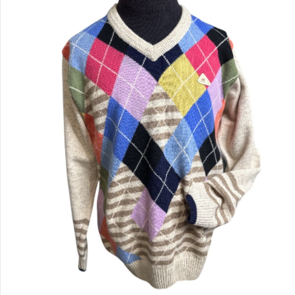 Vintage Multicolor Argyle Lambswool Sweater V-Neck Unisex Size 42 Preppy